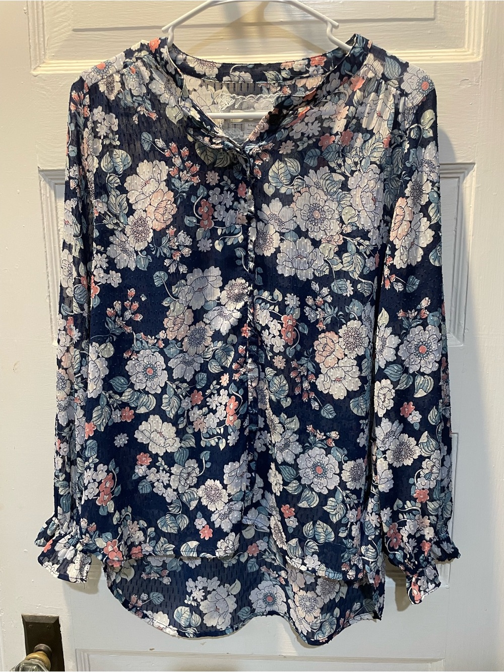 Cupio Navy Floral Button-Up Ruffle Cuff Blouse, Size small